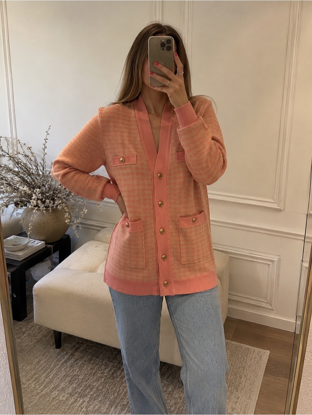 Sandro Paris Pink Jacquard Knit Cardigan Gold Button Pocket Sweater Jacket 0